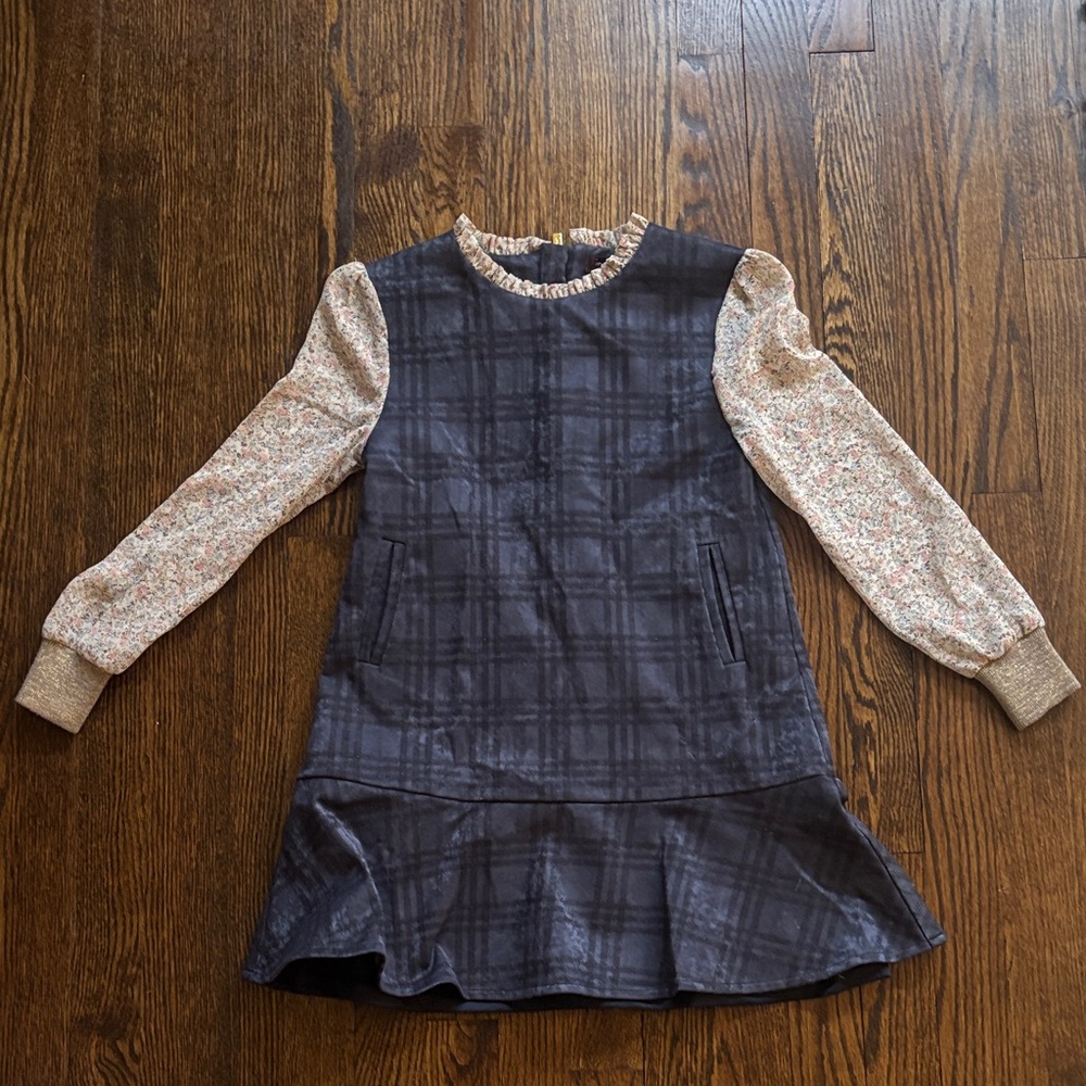 Imoga Navy Plaid Dress with Cream Floral Sleeves